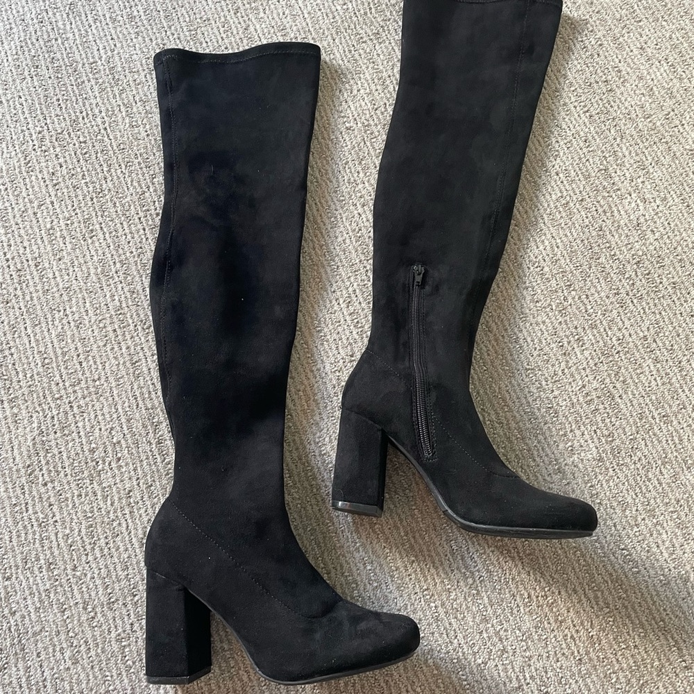 Black suede over the knee heeled boots